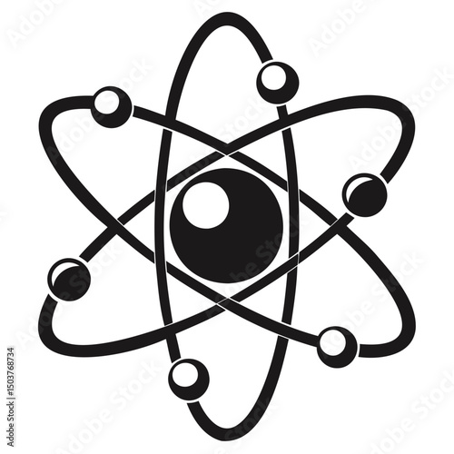 Illustration of an atom with a central nucleus and orbiting electrons in a stylized design isolated