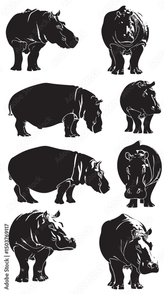 Fototapeta premium Hippo silhouette illustration , black silhouettes isolated on white background