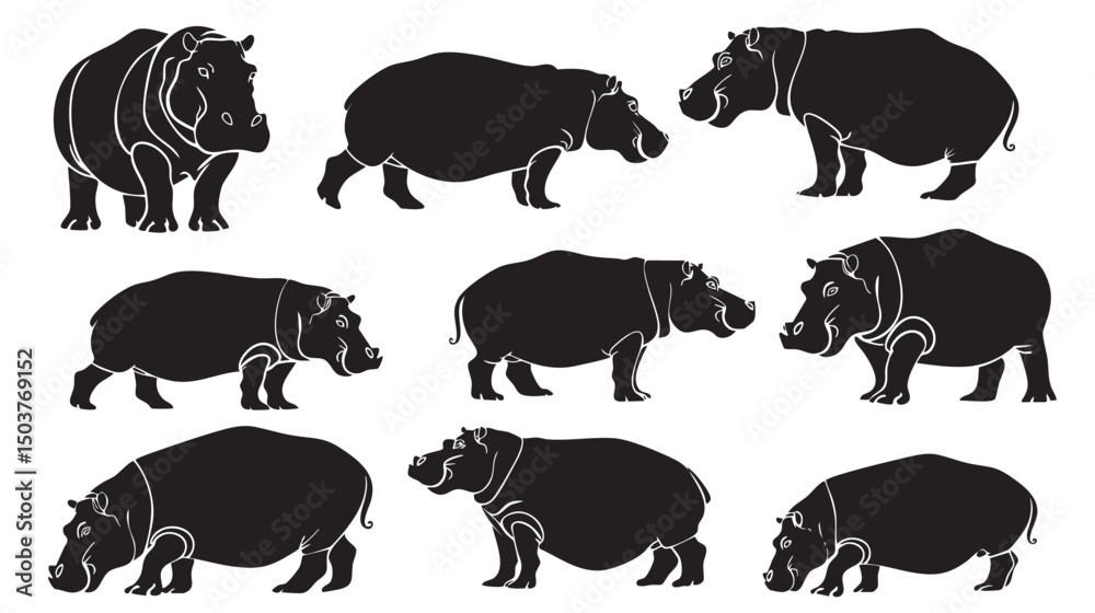 Fototapeta premium Hippo silhouette illustration , black silhouettes isolated on white background
