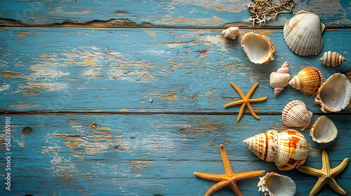Seashells and starfish on a weathered wooden surface.