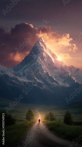 Lone figure walking toward mountain peak at sunrise, symbolic path of spiritual awakening