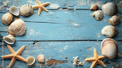 Seashells and starfish arranged on a weathered wooden surface.