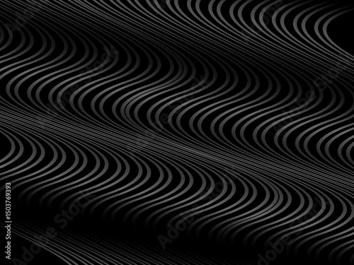 Black abstract background design. Modern wavy lines (guilloche curves) pattern in monochrome colors. Premium line texture for banner, business background. Dark horizontal vector template.