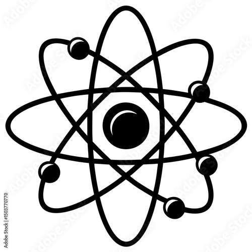 Illustration of a black and white atom model with electrons orbiting a nucleus in a science concept