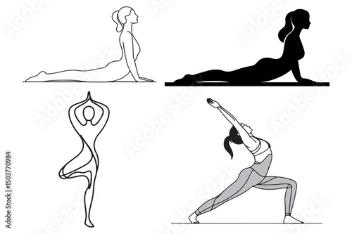 Different yoga poses showcasing mindfulness and flexibility. The image displays a variety of yoga postures in a minimalist design, promoting well-being and balance.