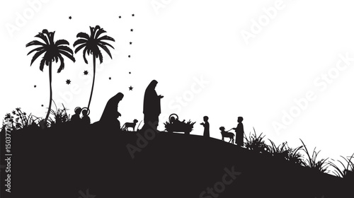 Holy night of birth of child jesus christ silhouette , black silhouettes isolated on white background