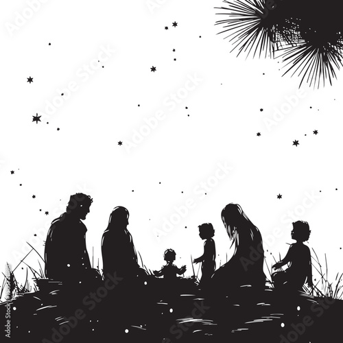 Holy night of birth of child jesus christ silhouette , black silhouettes isolated on white background
