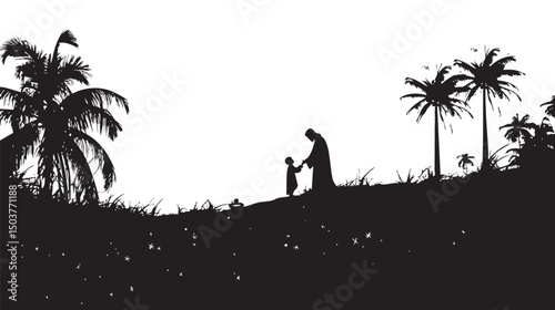 Holy night of birth of child jesus christ silhouette , black silhouettes isolated on white background
