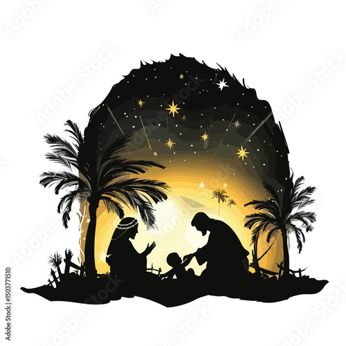 Holy night of birth of child jesus christ silhouette , black silhouettes isolated on white background