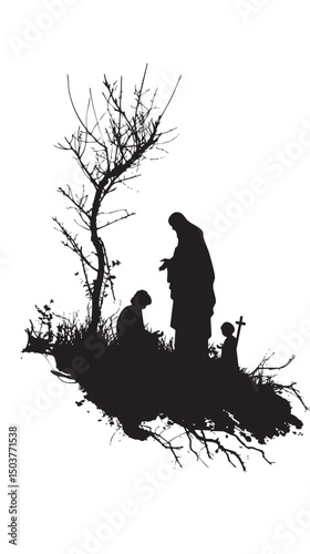 Holy night of birth of child jesus christ silhouette , black silhouettes isolated on white background