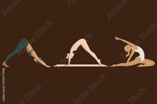 Women demonstrate various yoga poses, promoting fitness and well-being. Each figure exudes grace, with a dark background