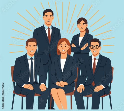 Confident team of professionals in formal attire smiling and posing for a corporate portrait, business success and teamwork concept, vector illustration