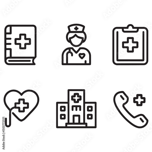 Medical and Healthcare Line Icons Set - Hospital, Nurse, Phone, and Heart Symbol Collection