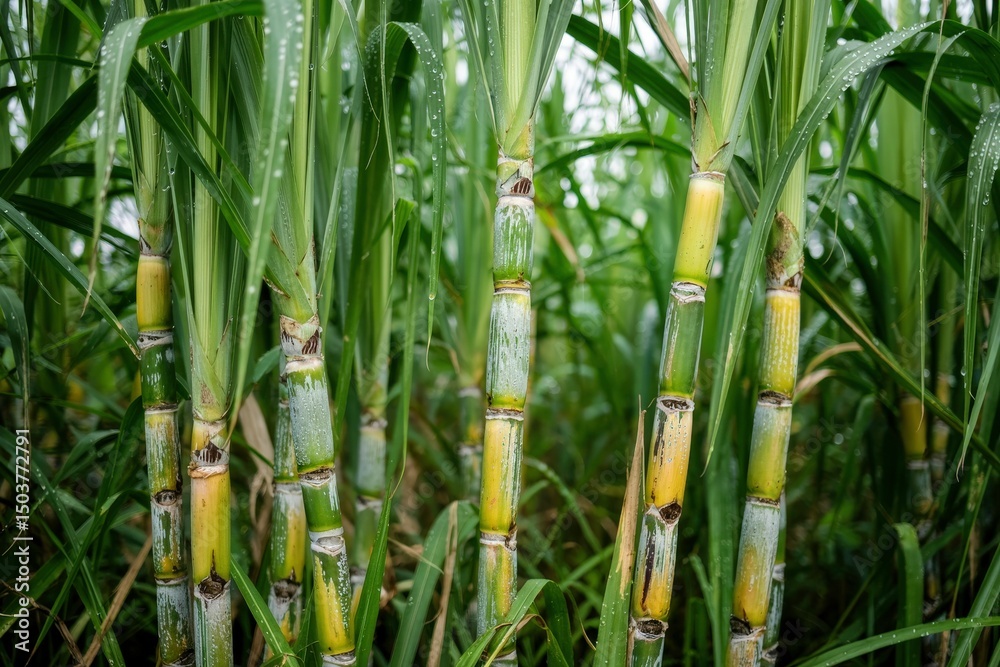 Obraz premium Close-up view of raw sugarcane stalks displayed vertically at a local market, showcasing their natural texture and color.