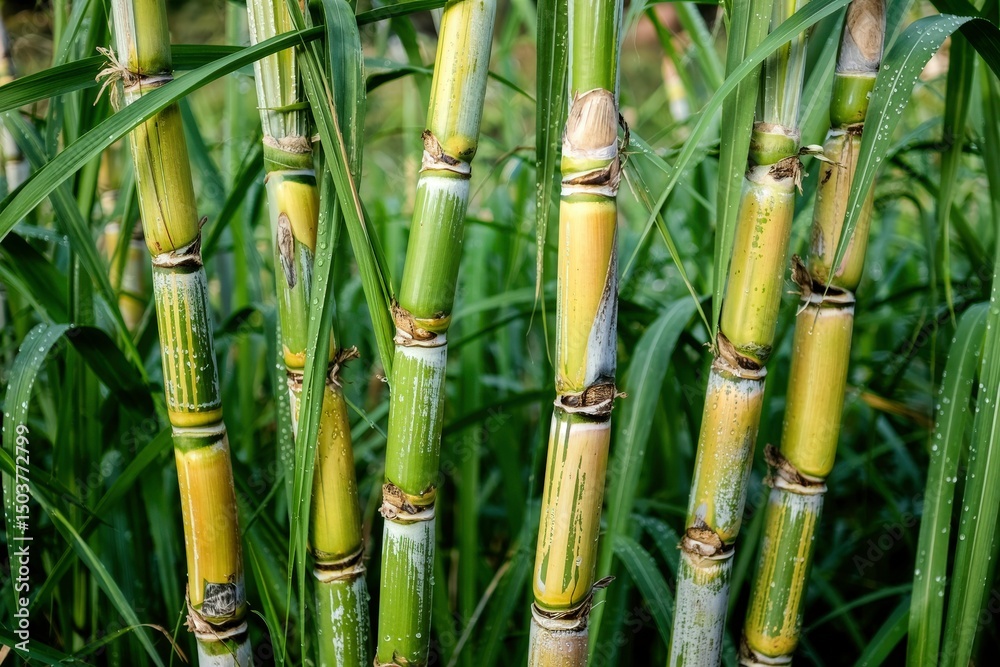 Obraz premium Close-up view of raw sugarcane stalks displayed vertically at a local market, showcasing their natural texture and color.
