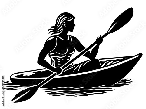 Paddle sports silhouette vector, Silhouette of a Woman Kayaking vector,  Paddling a kayak silhouette vector illustration