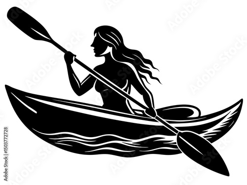 Paddle sports silhouette vector, Silhouette of a Woman Kayaking vector,  Paddling a kayak silhouette vector illustration