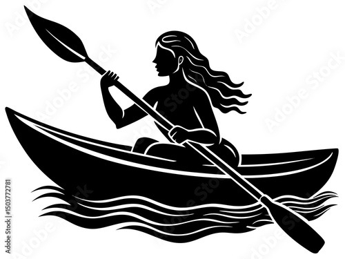 Paddle sports silhouette vector, Silhouette of a Woman Kayaking vector,  Paddling a kayak silhouette vector illustration