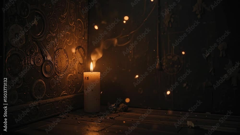 Candle burning softly in corner with dramatic dark negative space