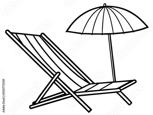 Beach chair palm tree outline silhouette Vector isolated, Beach scene, chaise lounge, umbrella, palm trees, relaxing, vacation, black and white, illustration, graphic