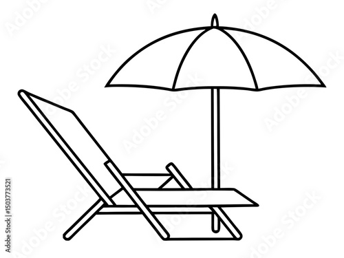 Beach chair and palm tree with umbrella line art silhouette vector