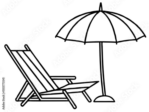 Beach chair and palm tree with umbrella line art silhouette vector