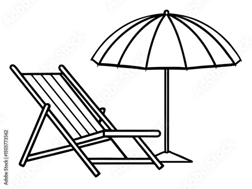 Beach chair and palm tree with umbrella line art silhouette vector