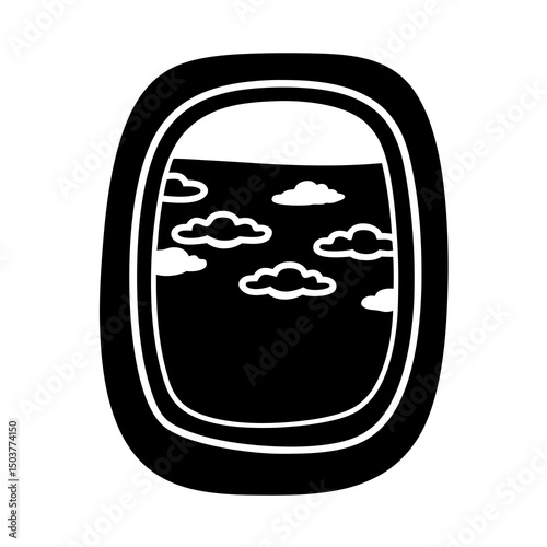 Airplane window view in bold black style, travel symbol