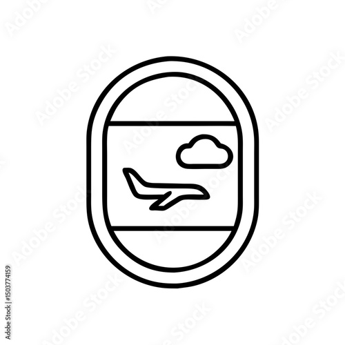 Airplane window with plane in outlined style, black and white, travel icon