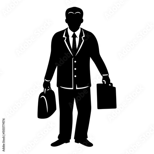Businessman with backpack and briefcase, ready for travel, black silhouette
