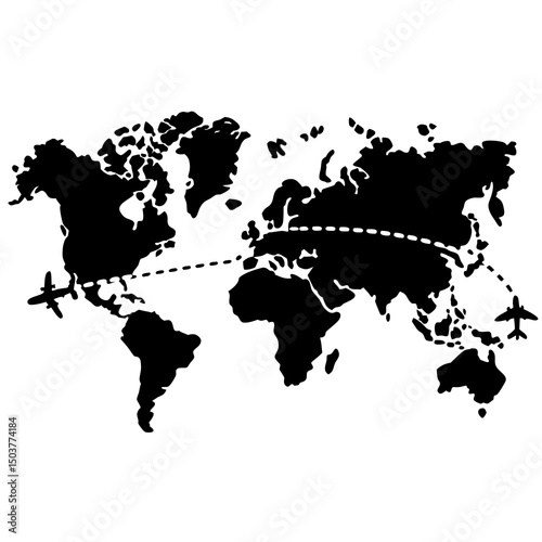 Flight route map icon with dotted line, black and white global travel graphic
