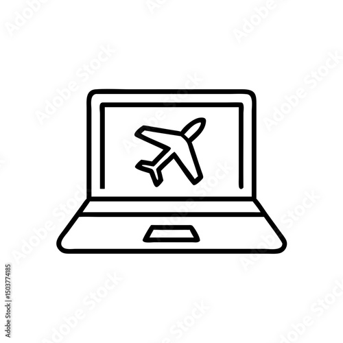 Laptop with airplane icon in outline style, travel booking concept