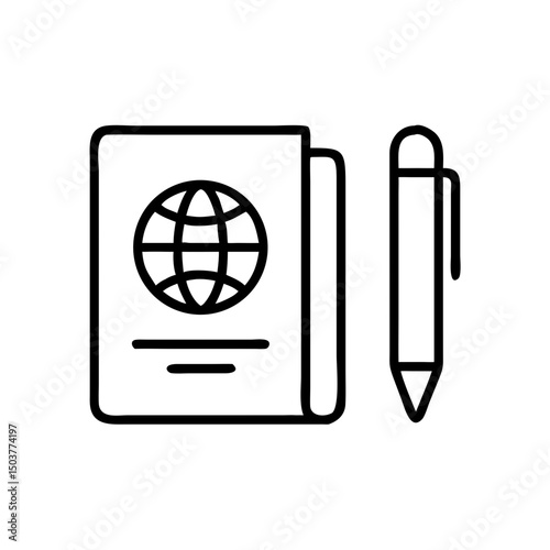 Passport and pen icon in black outline style, travel documentation concept