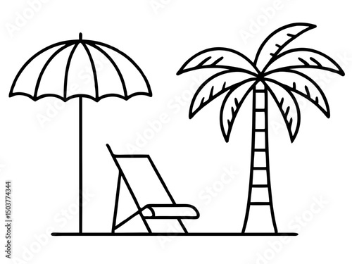 Beach chair palm tree outline silhouette Vector isolated, Beach scene, chaise lounge, umbrella, palm trees, relaxing, vacation, black and white, illustration, graphic