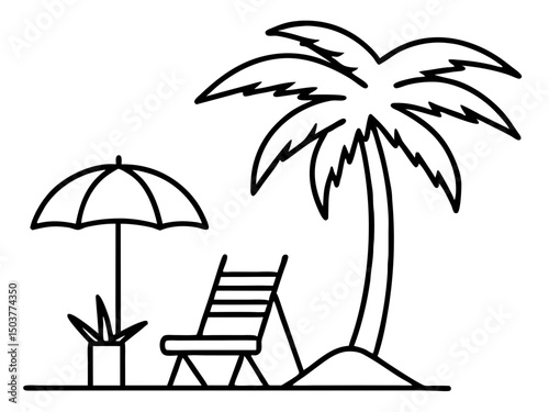Beach chair palm tree outline silhouette Vector isolated, Beach scene, chaise lounge, umbrella, palm trees, relaxing, vacation, black and white, illustration, graphic