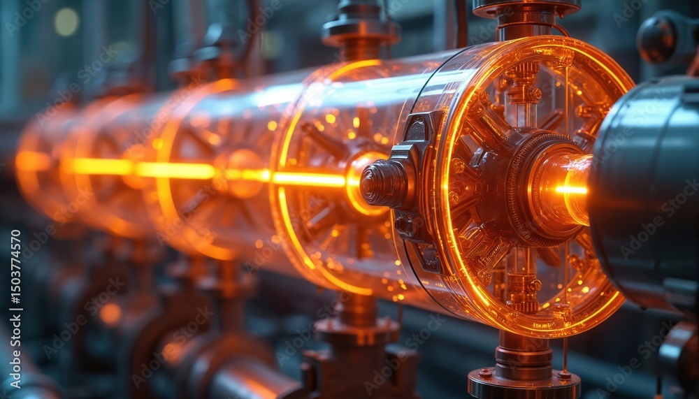 Fototapeta premium Futuristic industrial tech illustration transparent glowing energy shell heat exchangers with pipes. High-tech fuel, gas, liquid, energy, oil refinery equipment. Innovation, tech, industry, power,