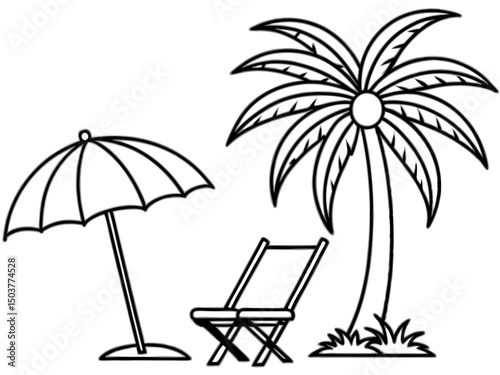 Beach chair palm tree outline silhouette Vector isolated, Beach scene, chaise lounge, umbrella, palm trees, relaxing, vacation, black and white, illustration, graphic