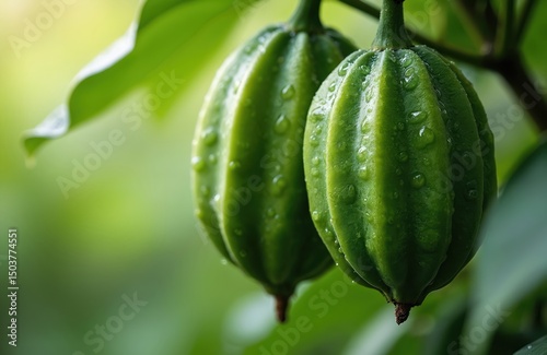 Close-up photo of green Garcinia Cambogia fruit. Tropical tree green fruit, water drops on fresh surface. Organic healthy food, diet nutrition, slimming concept, agriculture farming, gardening,