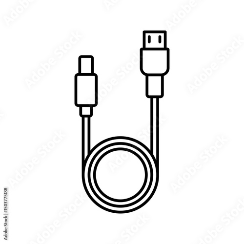 USB Cable, USB Cable Vector Art Illustration. Looping cable with USB and Micro-USB connectors icon. Long USB cable wire cord round shape. Vector silhouette.