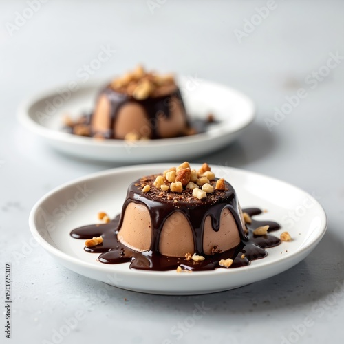 Delicious dessert panna cotta with chocolate sauce and nut sprinkles on plate. Creamy hazelnut cocoa vegan jelly. Healthy energy food for fitness, sweet dessert on gray background.