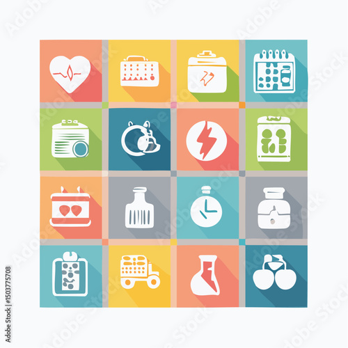 Colorful vector icons representing health and fitness concepts like exercise, nutrition, and mindfulness in a clean layout