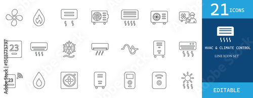 HVAC and climate control icon set featuring air conditioning, cooling, heating, fan, thermostat, ventilation, filter, temperature, energy, and humidity symbols