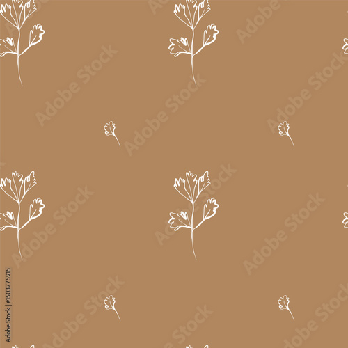 Whimsical parsley seamless pattern in white on mustard sandy background with hand drawn flowing lines