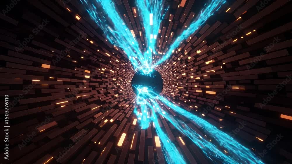 Abstract tunnel of glowing, rectangular blocks with streaks of neon blue energy