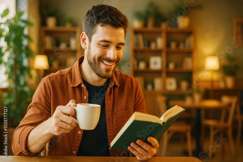 Bearded adult reading book holds coffee cup with medium skin while sitting indoors with shelves in background