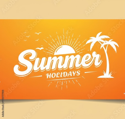 Summer holidays template featuring modern typography, a sun, and a palm tree against an orange and yellow background for summertime. photo