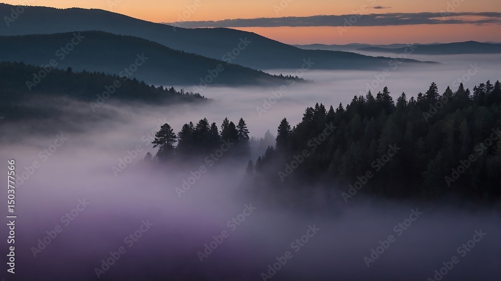 Fototapeta premium Misty Mountain Sunrise Breathtaking View of Fog-Shrouded Forest