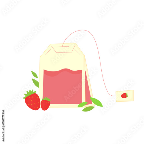 vector green leaf tea bag with strawberry flavor