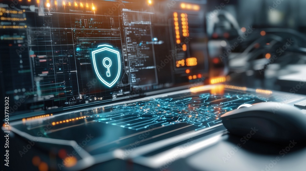 Cybersecurity action protecting data integrity digital workspace visual interface high-tech environment close-up perspective Cybersecurity action protecting data integrity digital workspace visual interface high-tech environment close-up perspective