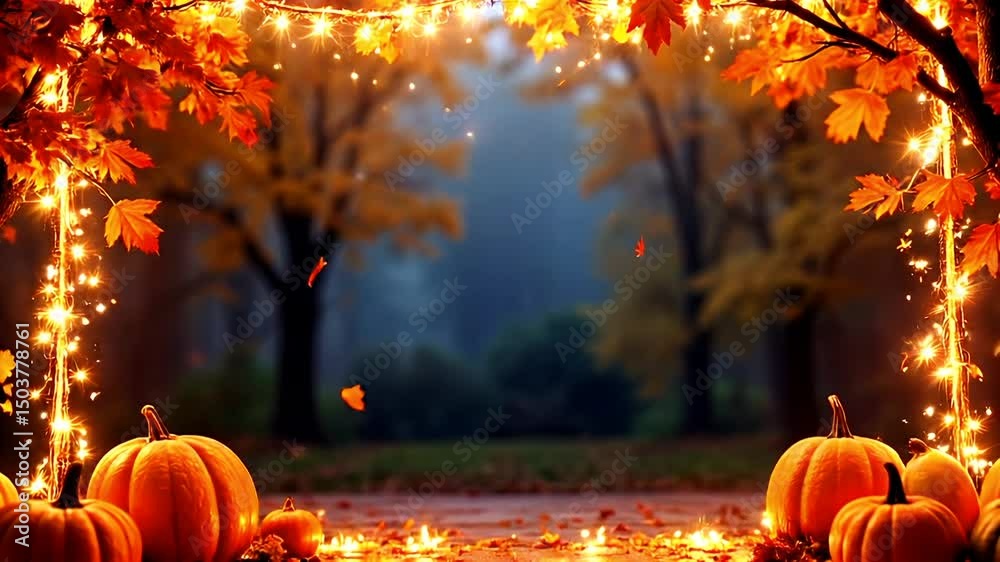 Autumn wallpaper background frame with pumpkins, leaves and glowing lights